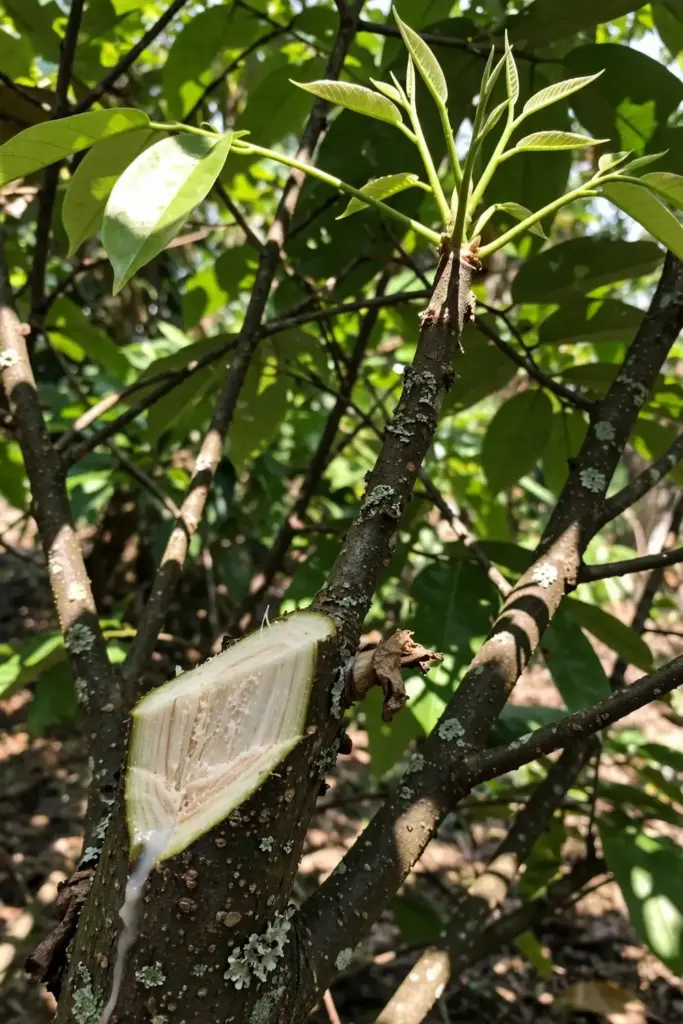 Fresh pruning cut on a star apple branch with young leaves above