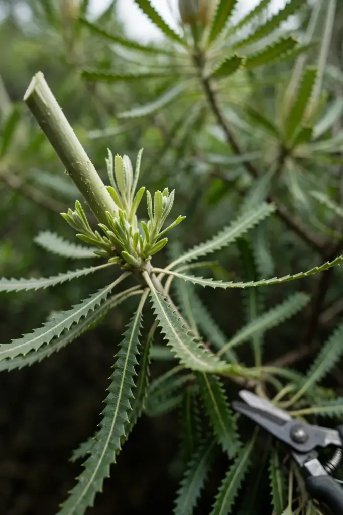 Pruned banksia branch tip showing fresh green growth below the cut