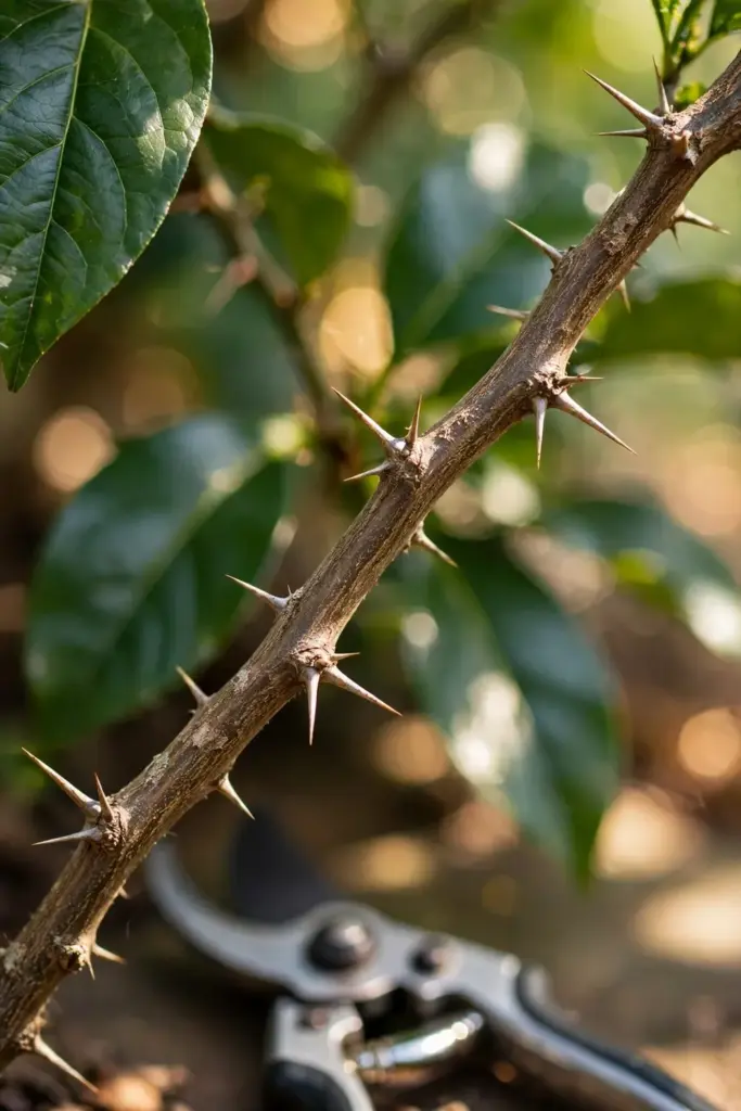 Pruning shears beside a thorny bitter orange branch in daylight