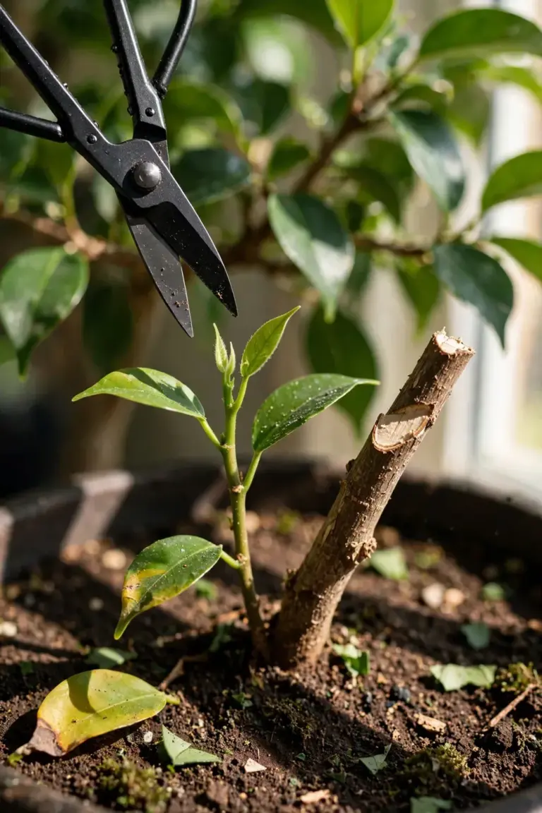 Bonsai shears trimming a new shoot above a ficus bonsai canopy