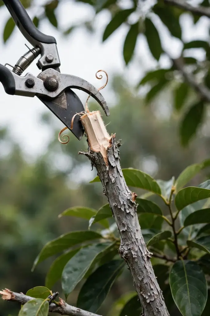 Pruning shears cutting a dead branch from a nutmeg tree