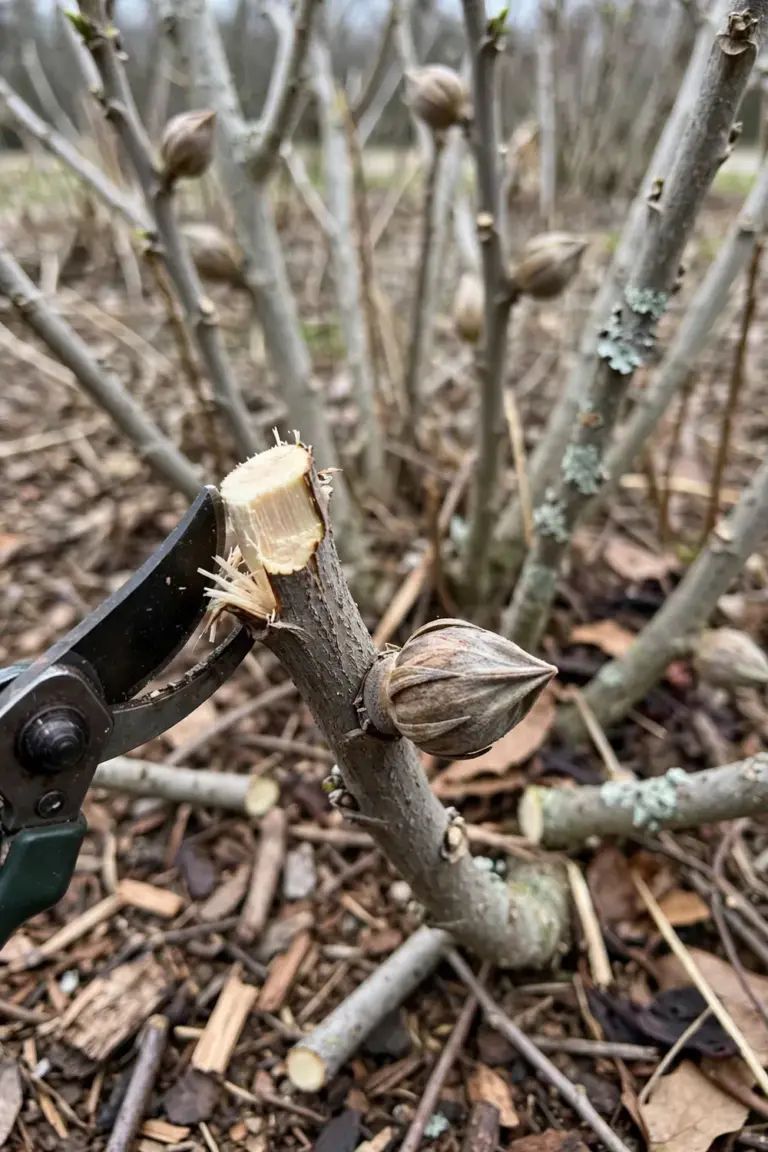 Pruning shears cutting a dormant hibiscus stem in late winter with cut branches on the ground