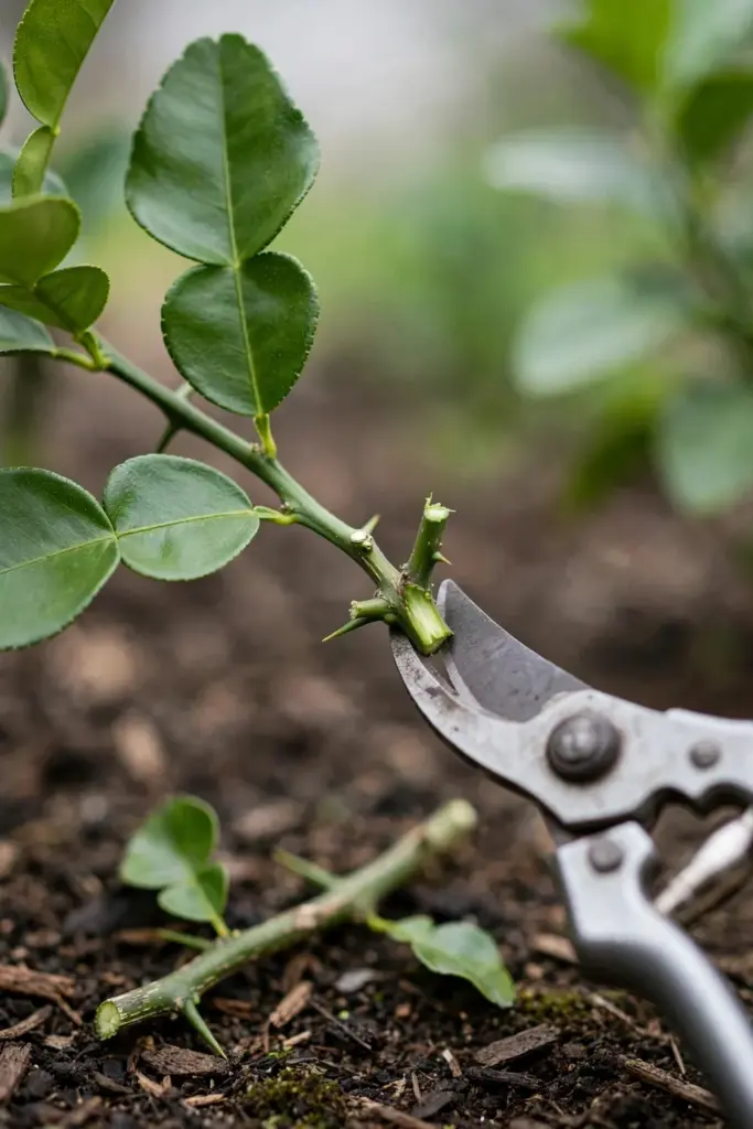 Pruning shears trimming a leggy stem on a potted makrut lime tree
