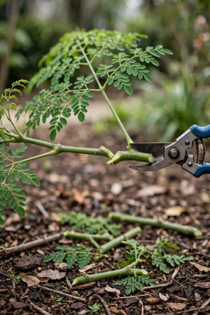 Pruning shears cutting a moringa branch at a leaf node