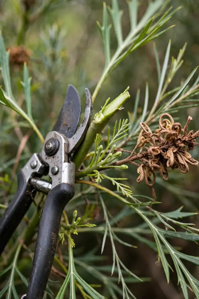 Secateurs tip pruning a spent grevillea flower head