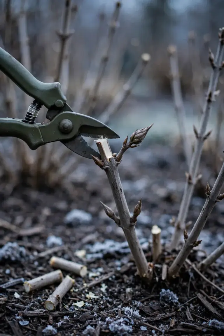 Bypass pruners cutting a dormant panicle hydrangea stem in late winter.