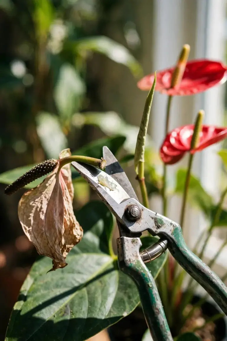 Pruning shears cutting a faded anthurium spathe at its stem base