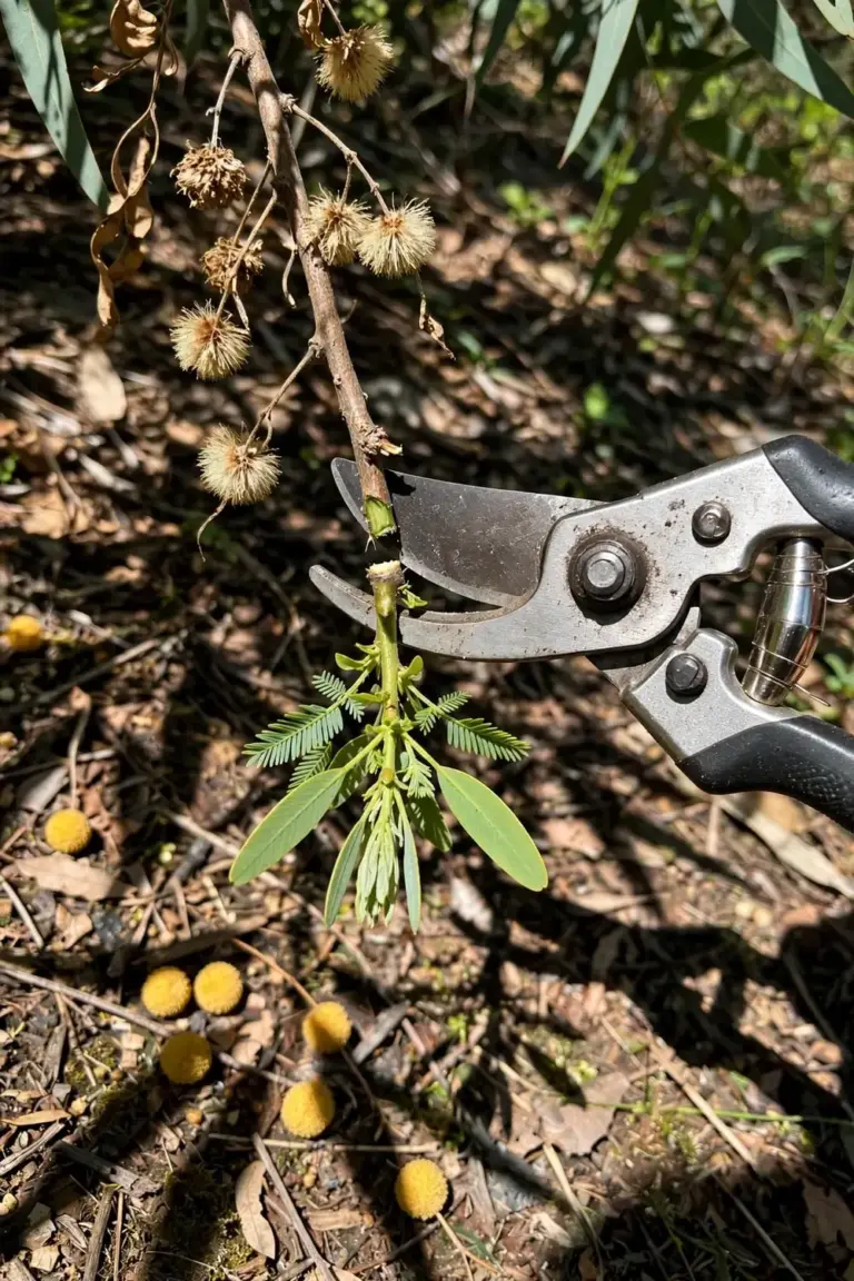 Pruning shears cutting a spent wattle branch just above a leaf node