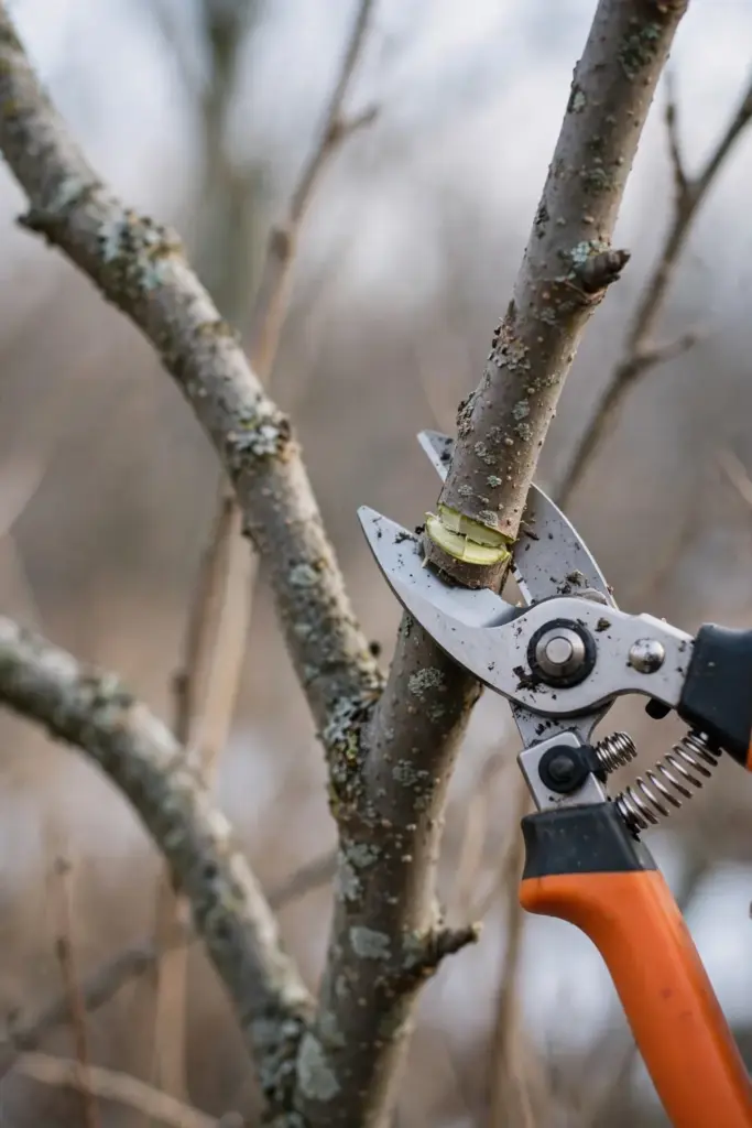 Pruning shears cutting a branch on a dormant young mulberry tree
