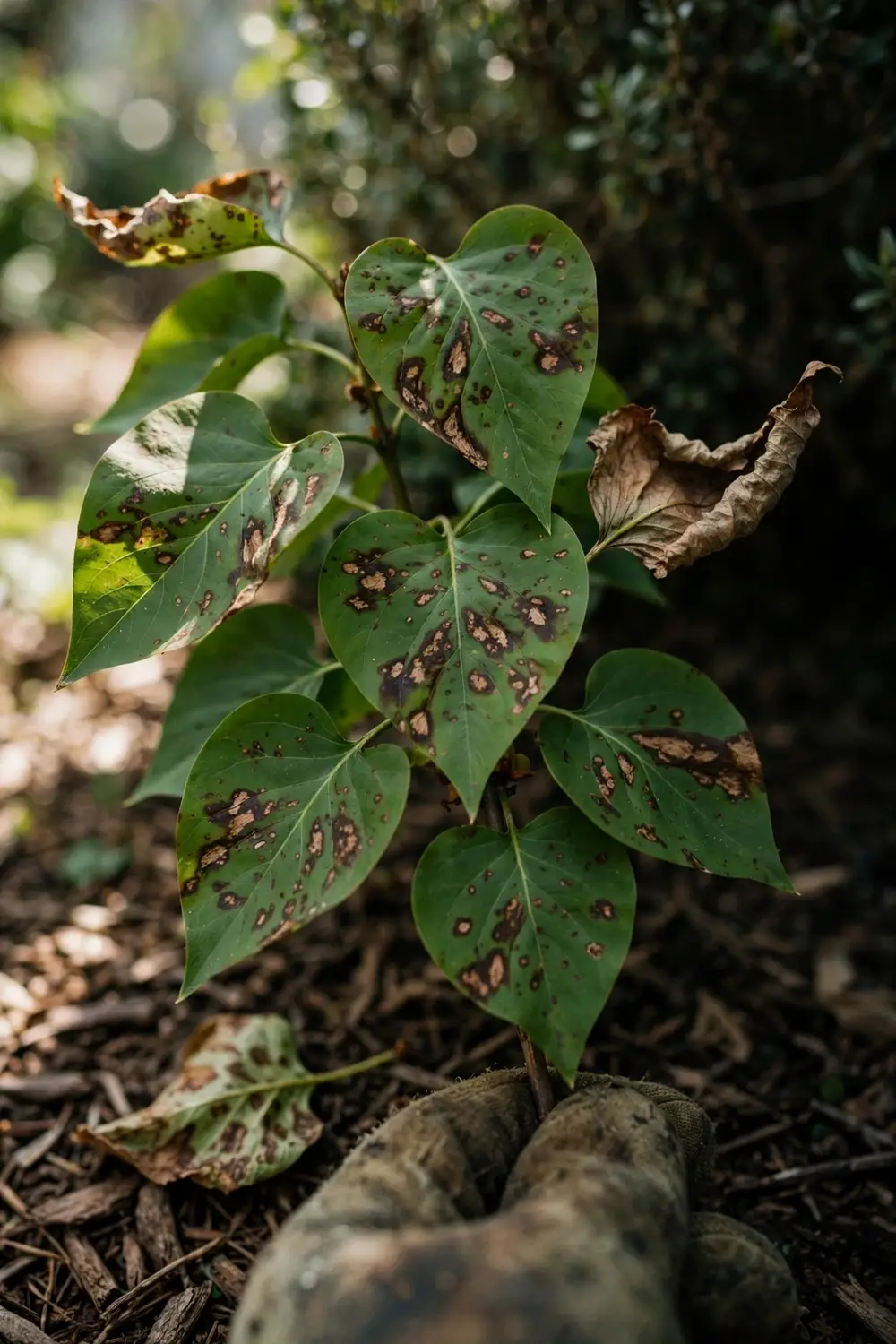 Spotted lilac leaves with brown vein-bounded spots held by a worn garden mitt