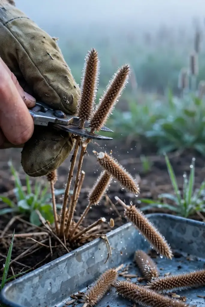 Hands cutting ripe isabgol spikes into a tray at dawn