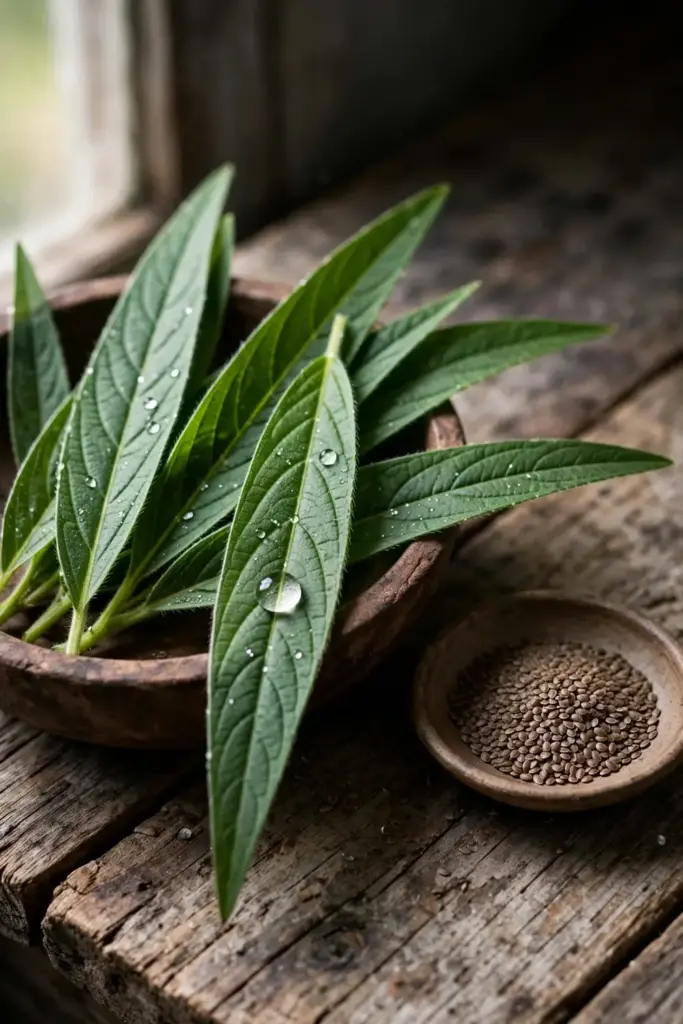Fresh isabgol leaves and seed in a rustic wooden bowl