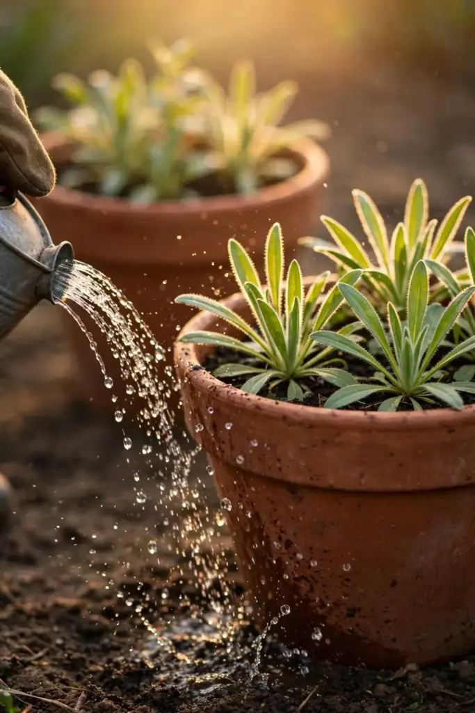 Young isabgol plants growing in terracotta pots