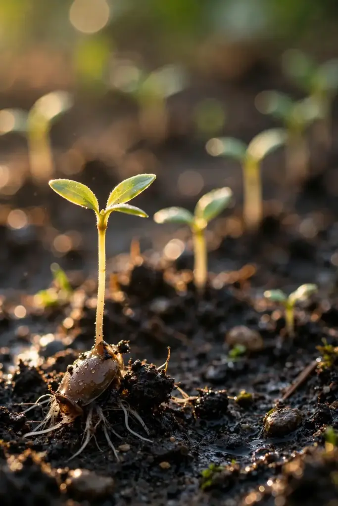 Psyllium seedlings emerging from dark moist soil