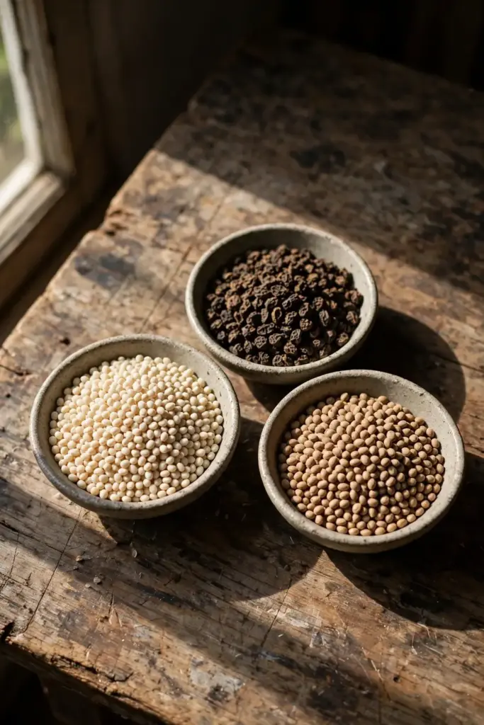 Cleaned isabgol seeds in small bowls for quality grading