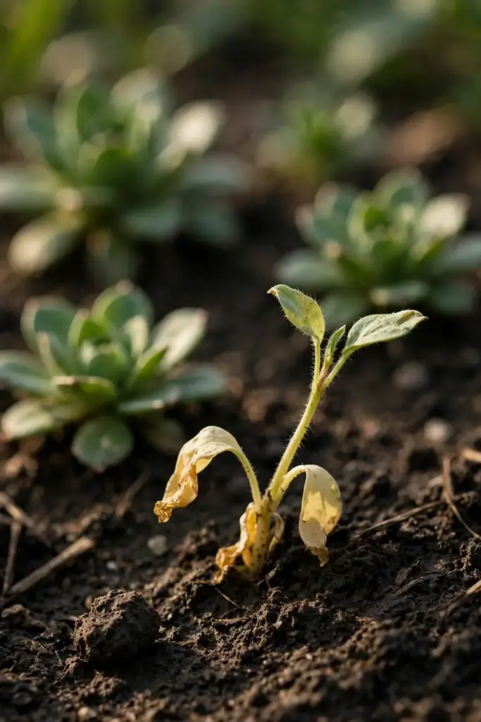 Close view of a struggling psyllium seedling