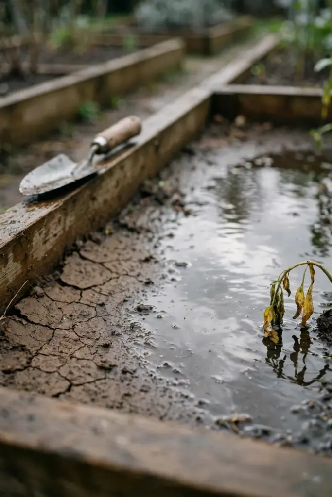 Water pooled on a sealed raised-bed surface with a trowel resting at the edge