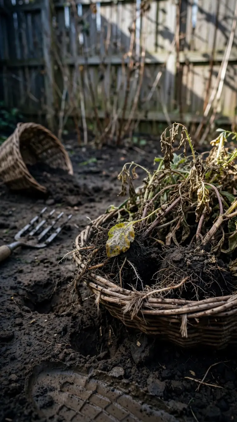Trug heaped with pulled spent annuals and roots beside a bare cleared bed