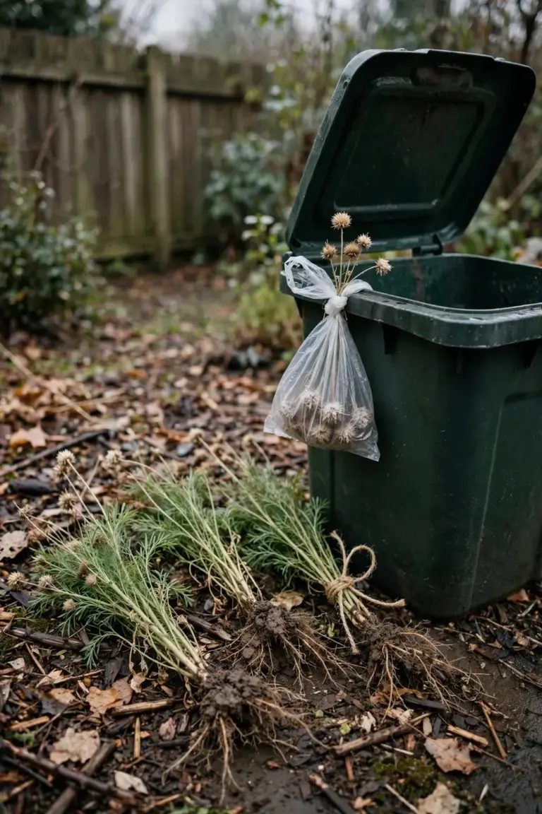 Pulled kochia plants bundled beside a general waste bin