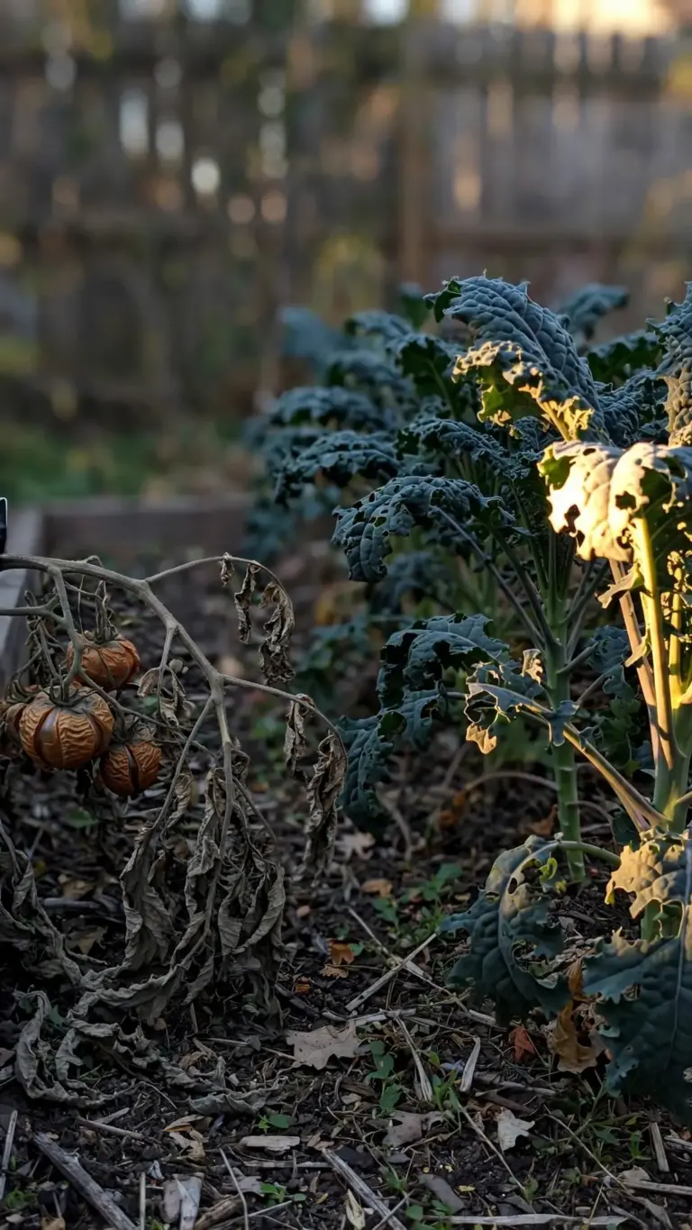 Pulled tomato vine lying beside a thriving kale row