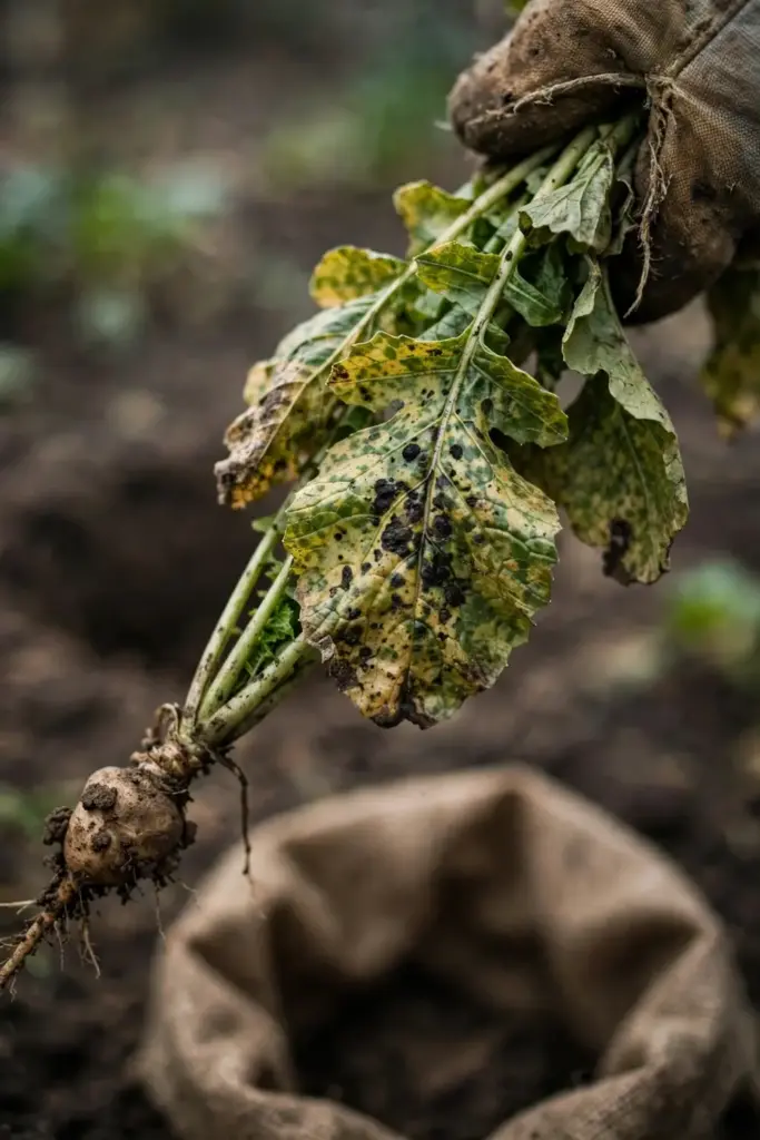Pulled mottled turnip plant with a distorted root, held by a mitt.