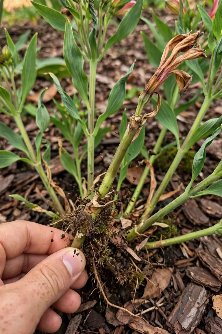 Hand pulling a spent alstroemeria stem from the crown with an upward tug