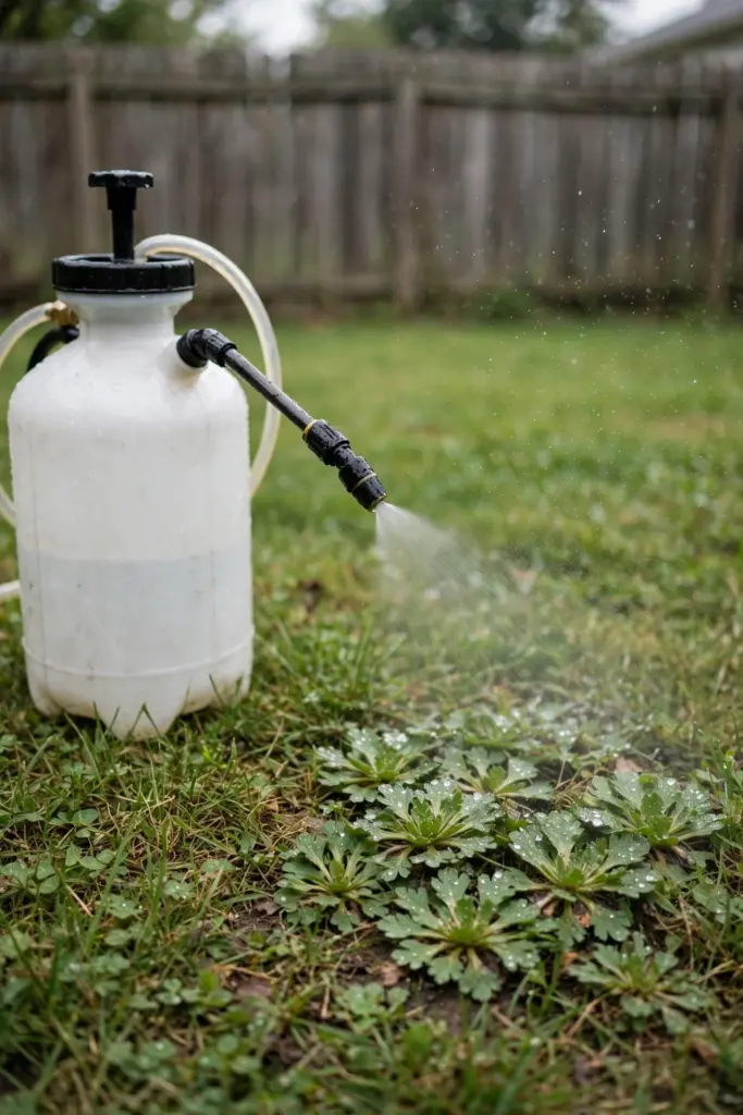 Pump sprayer misting a bindii patch on a lawn