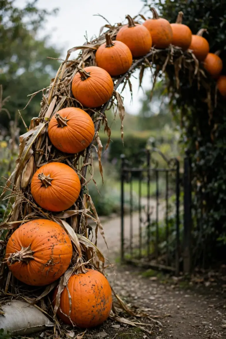 Pumpkins and cornstalks wired along an arch over a garden gate