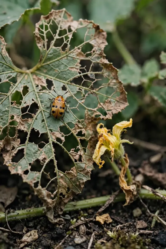 Yellow-orange pumpkin beetle on a skeletonised cucurbit leaf