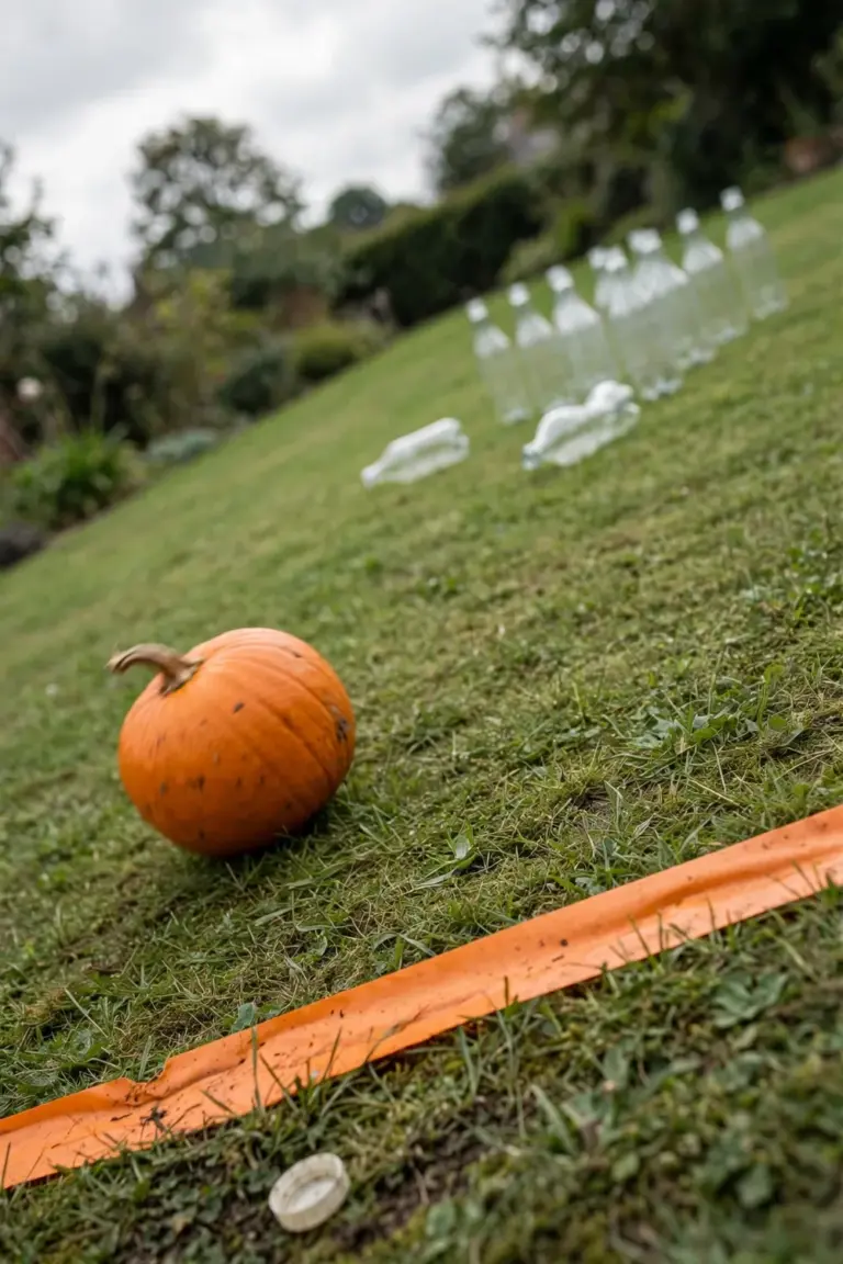 Small orange pumpkin rolling toward ten plastic bottle pins on a lawn bowling lane