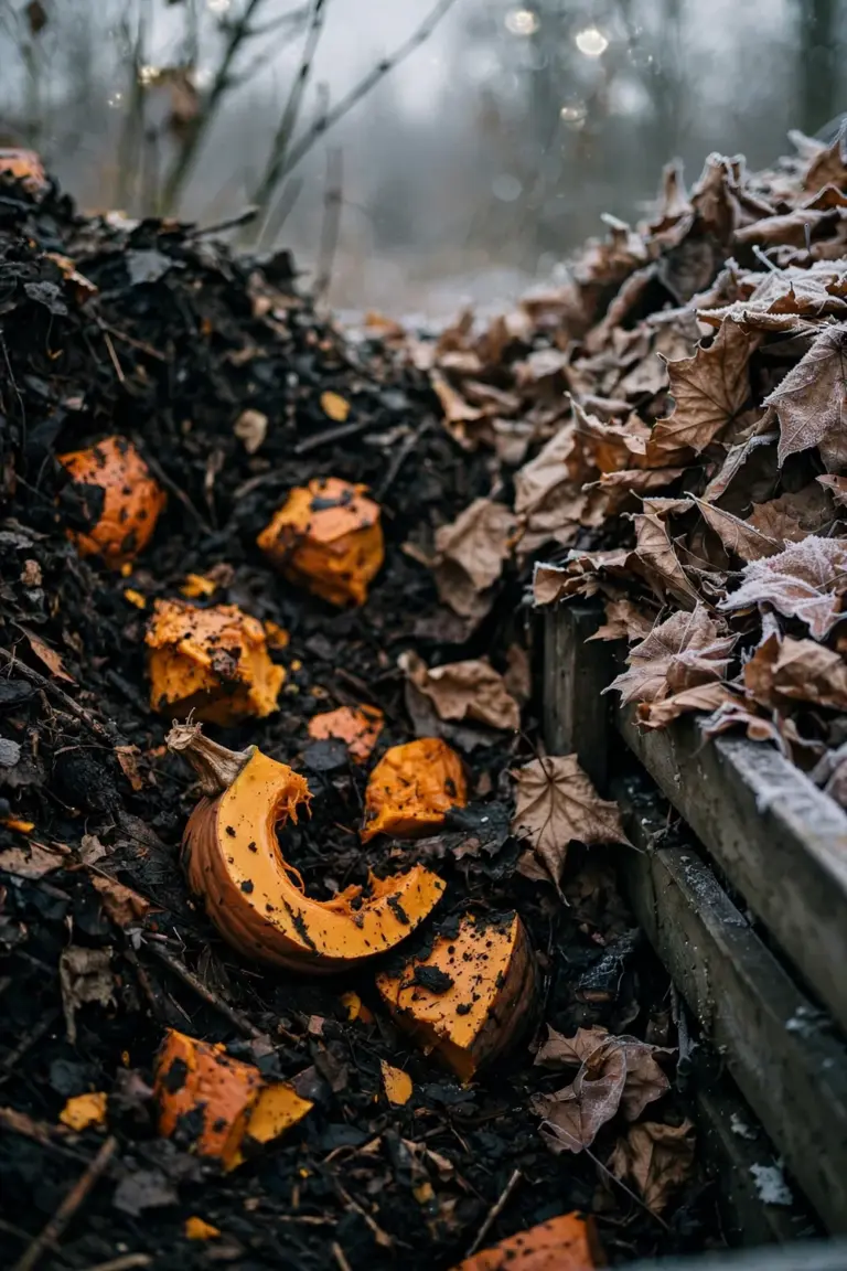 Fist-sized pumpkin chunks buried in the center of a compost pile and covered with dry leaves