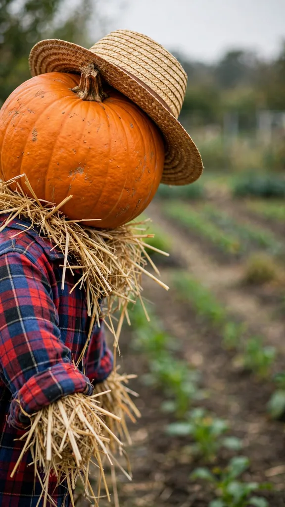 A scarecrow sentry topped with a whole real pumpkin as its head