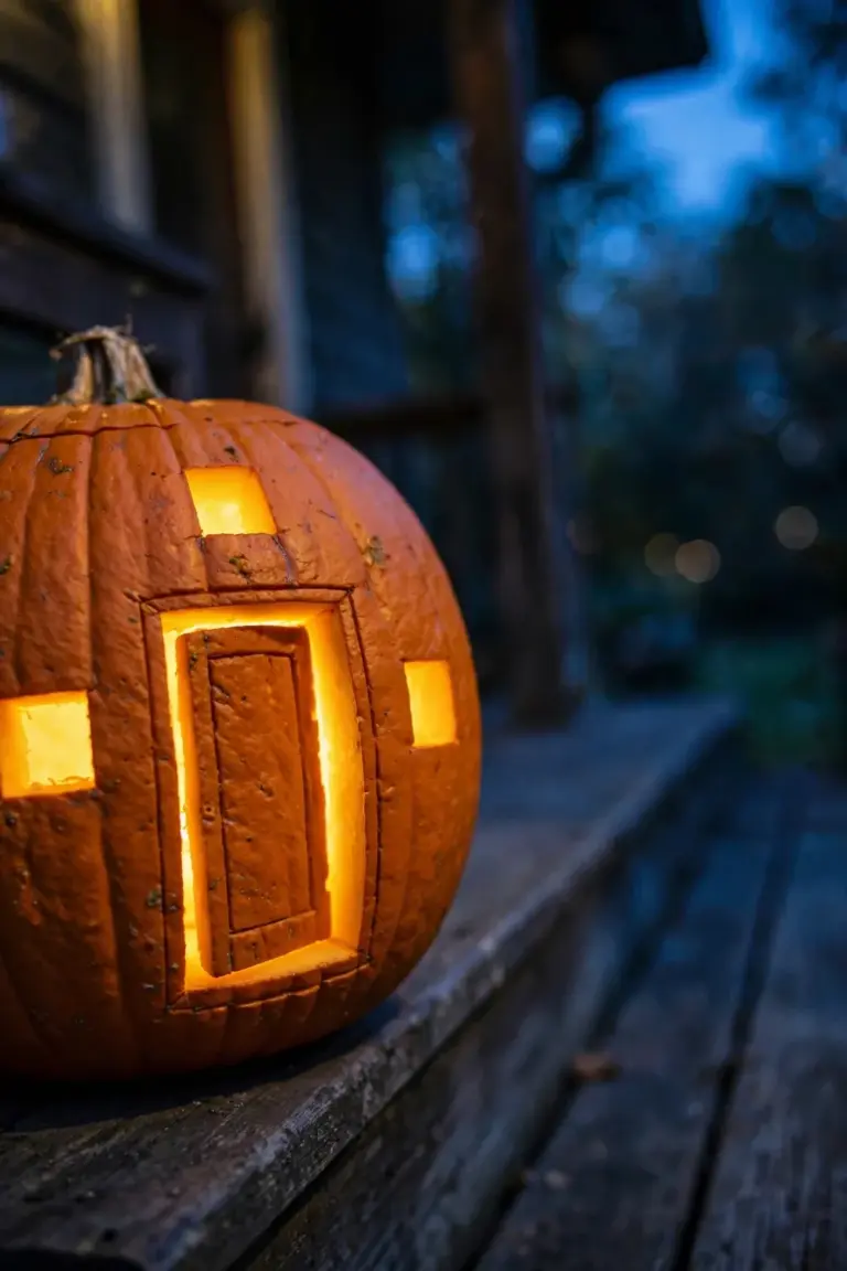 Pumpkin carved into a little house with a door and square windows glowing warm yellow