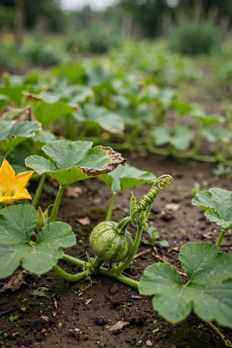 Young green pumpkins swelling among sprawling vines in a backyard patch