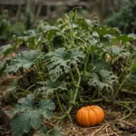 Pumpkin vine with chewed leaves and a small pumpkin in a home garden bed