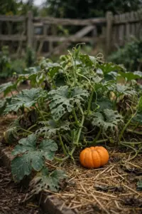 Pumpkin vine with chewed leaves and a small pumpkin in a home garden bed