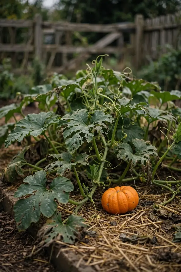 Pumpkin vine with chewed leaves and a small pumpkin in a home garden bed