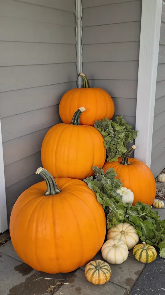 Stacked pumpkins and gourds with kale tucked between layers at a porch corner