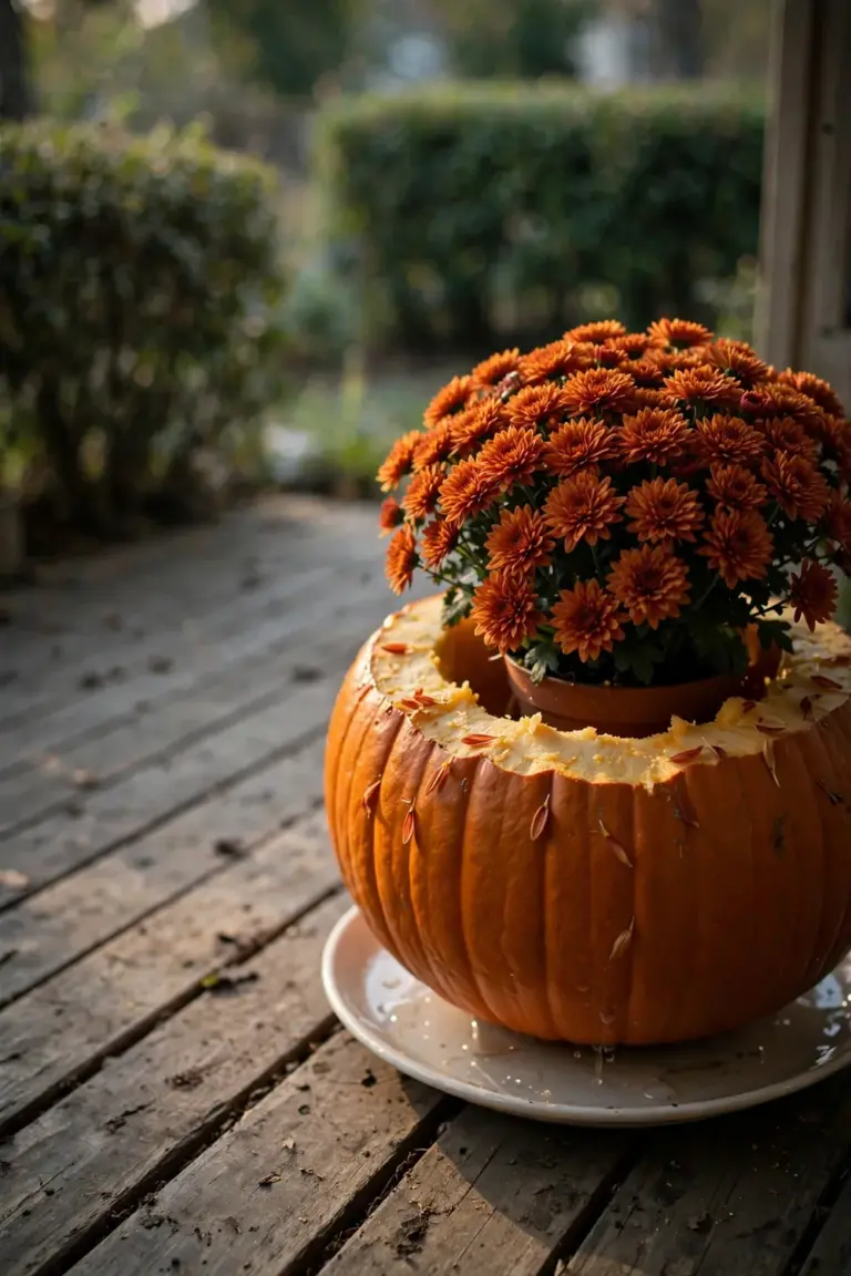Hollowed orange pumpkin holding a dome of rust-orange mums on a porch