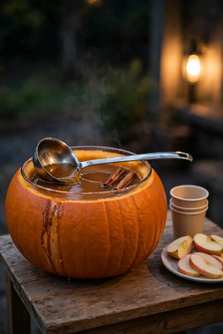 Hollowed pumpkin punch bowl of spiced cider with a metal ladle and cinnamon sticks