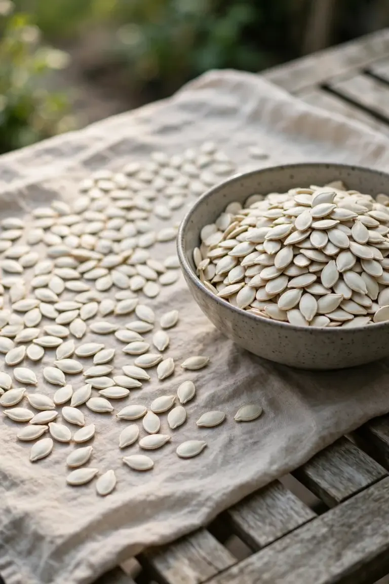 Bowl of cleaned pumpkin seeds spread on a linen cloth to dry