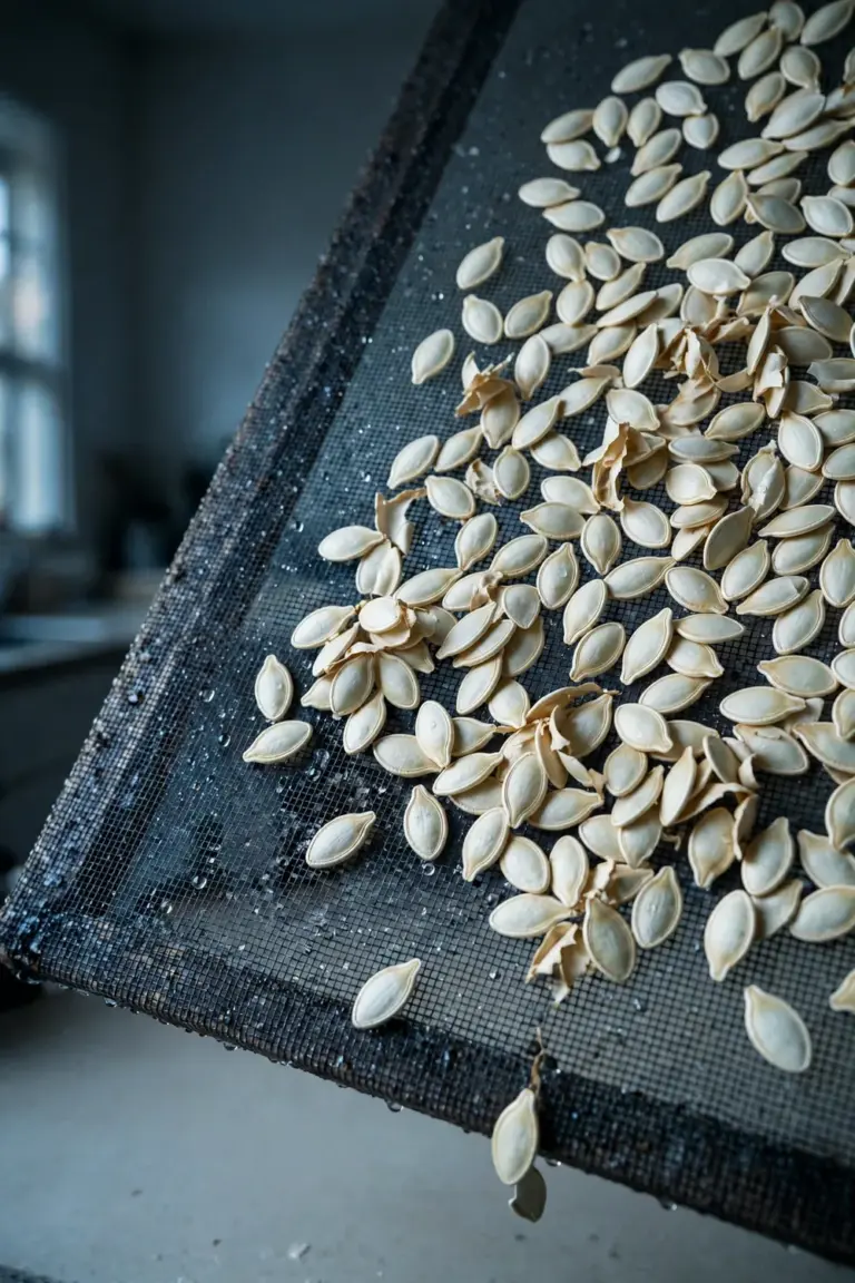 Rinsed pumpkin seeds spread in a single layer on a mesh drying screen