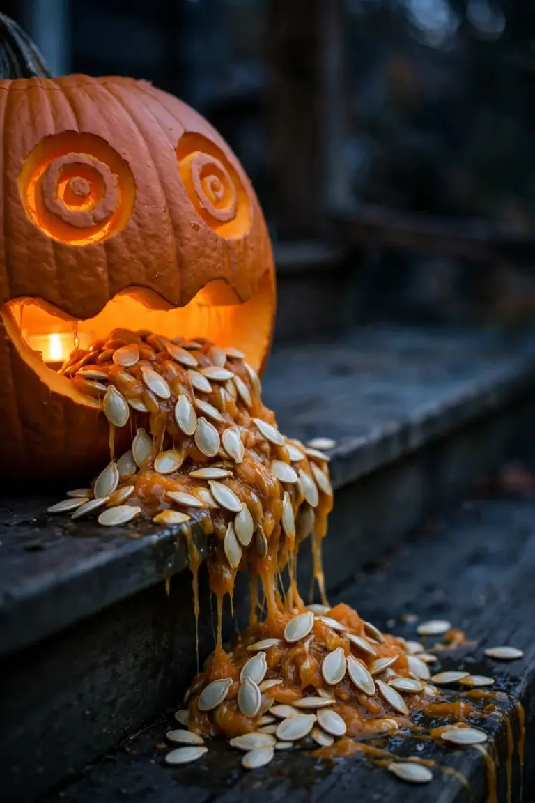Carved queasy-faced pumpkin spilling its seeds and pulp out of its wavy mouth onto the step