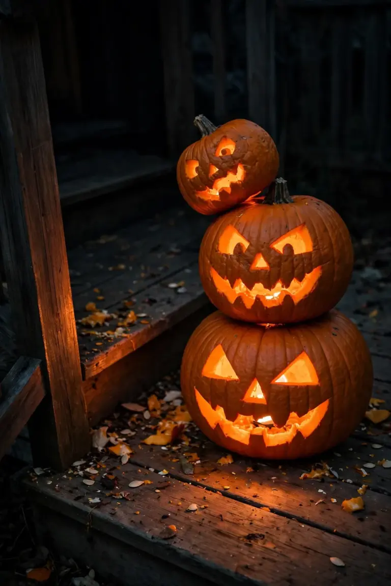 Stacked carved pumpkins glowing from inside on a porch step at night