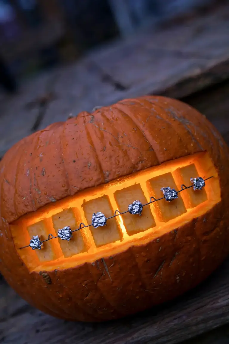 Close-up of a carved pumpkin grin with six square teeth wearing wire and foil braces