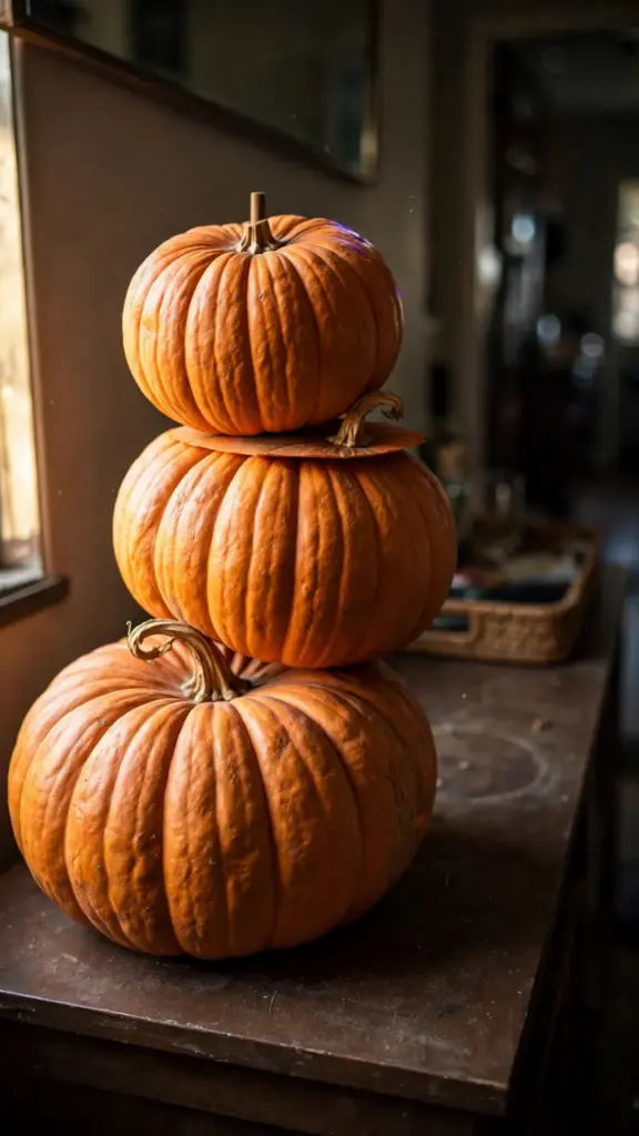 Three pumpkins stacked in a tower on a console table