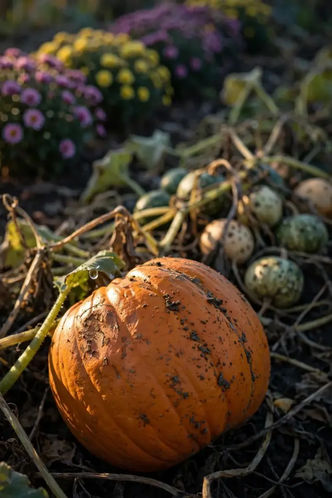 Pumpkins nestled into an autumn flower border among mums and vines