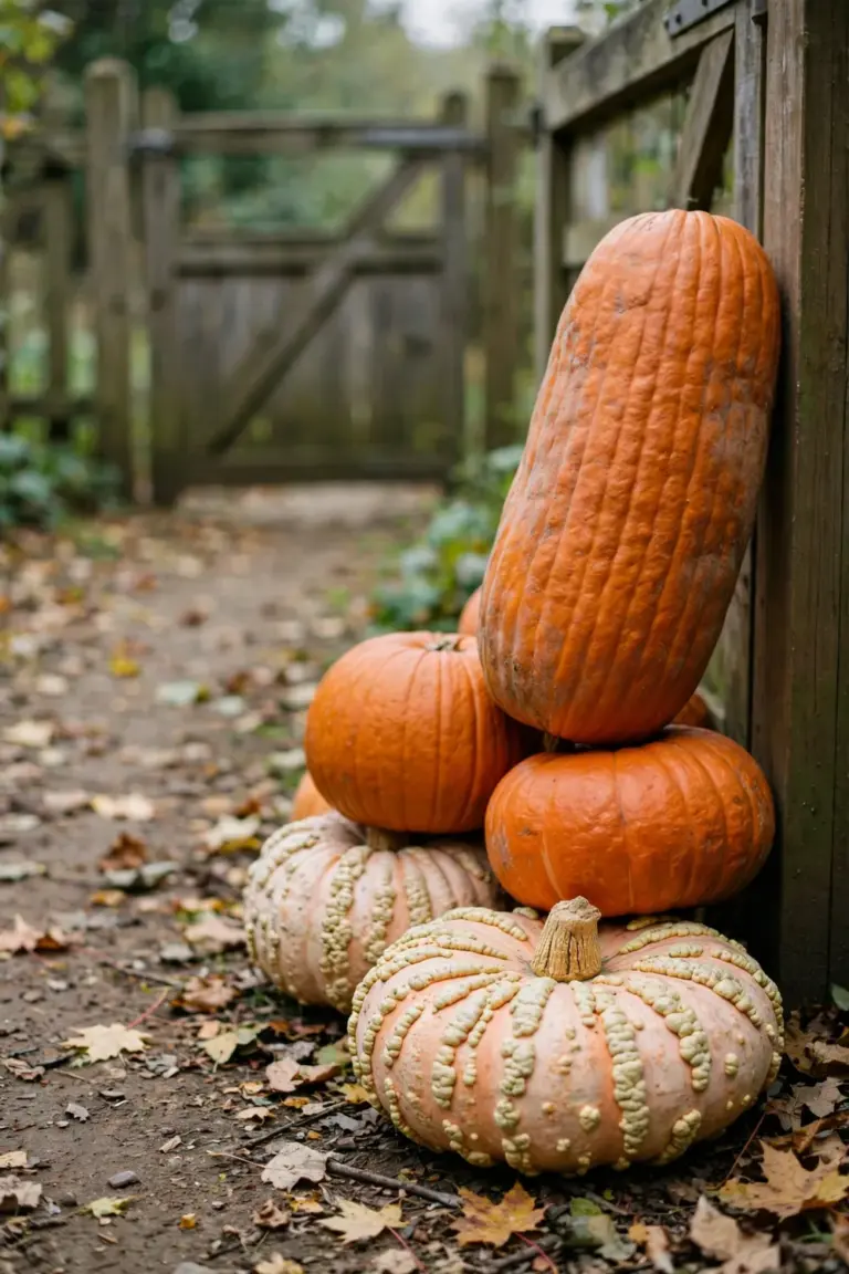 Pile of pumpkins in tall, round and flat shapes gathered beside a garden gate