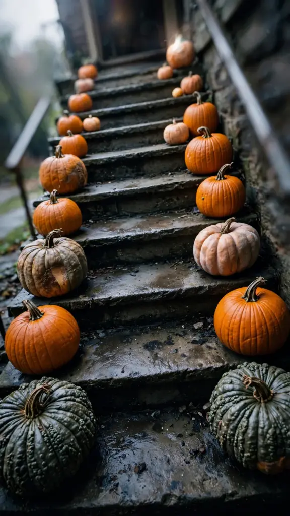 Pumpkins in a size gradient lined down both edges of porch steps