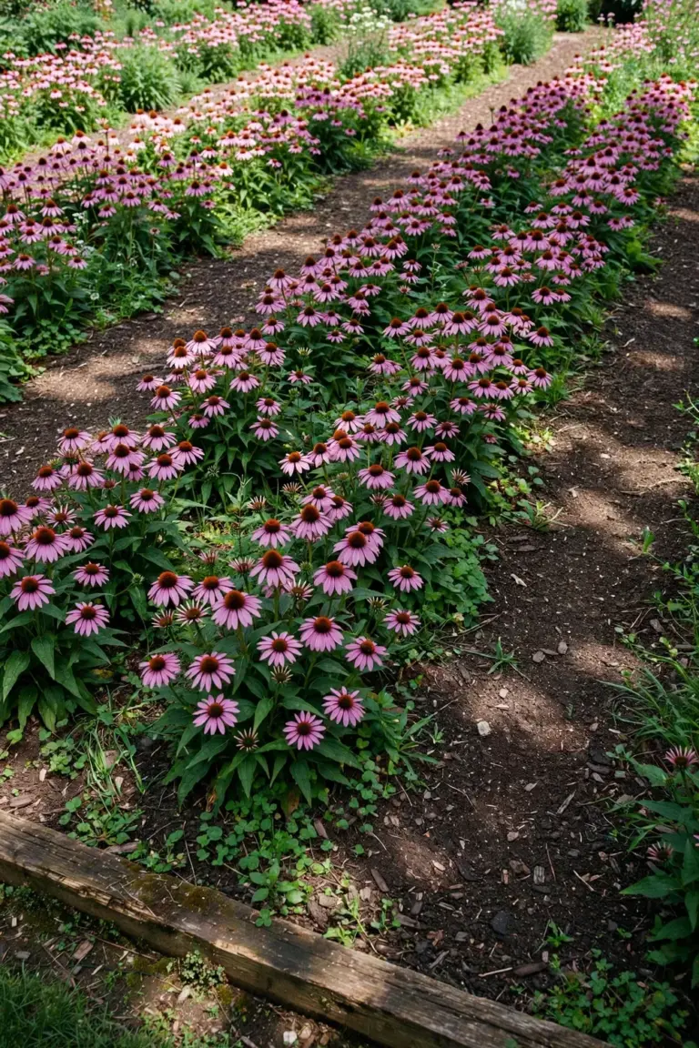 Wide bed of purple coneflowers blooming from foreground to background